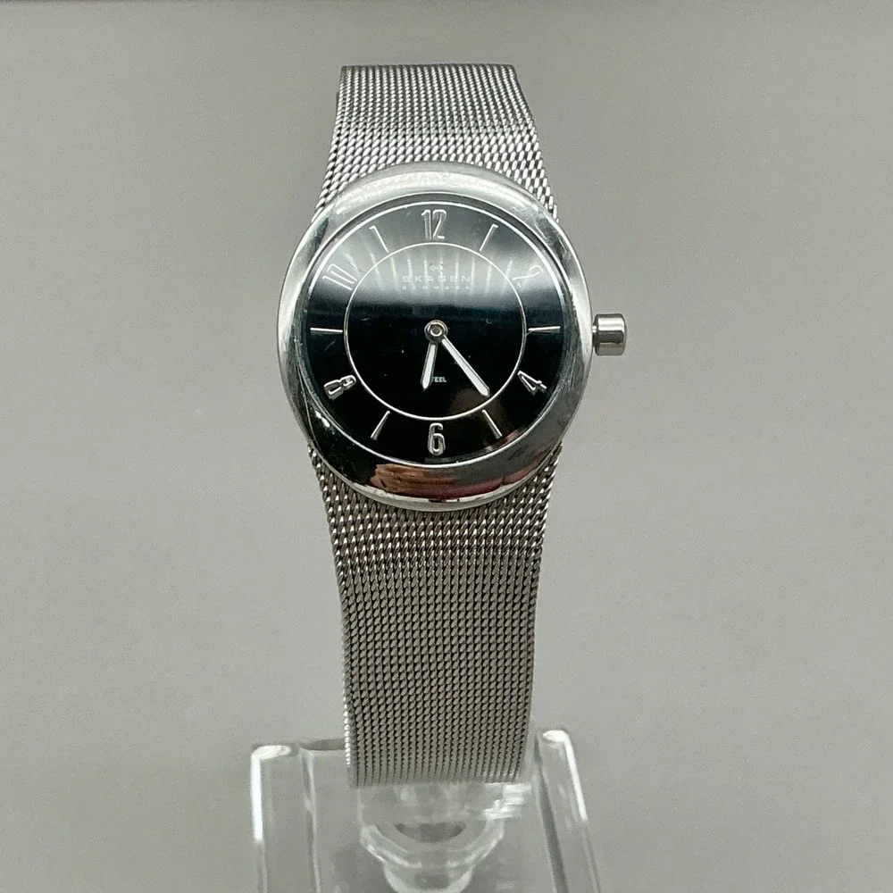 Skagen Watch Women's 0564XSSB Silver Mesh Black Dial 34mm Quartz NEW BATTERY